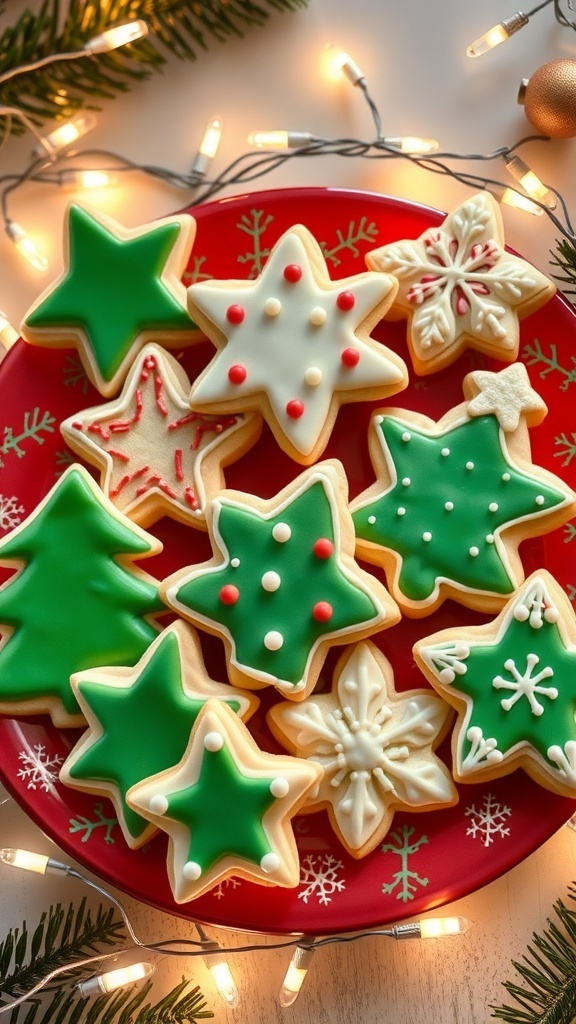 Cute Christmas sugar cookies decorated with icing and sprinkles on a festive plate.